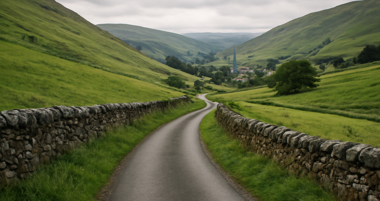 Jalan pedesaan berkelok di Perthshire menuju kota kecil Dunkeld