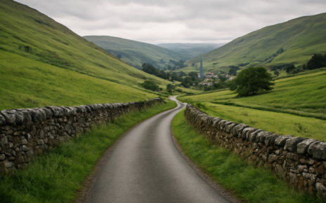 Jalan pedesaan berkelok di Perthshire menuju kota kecil Dunkeld
